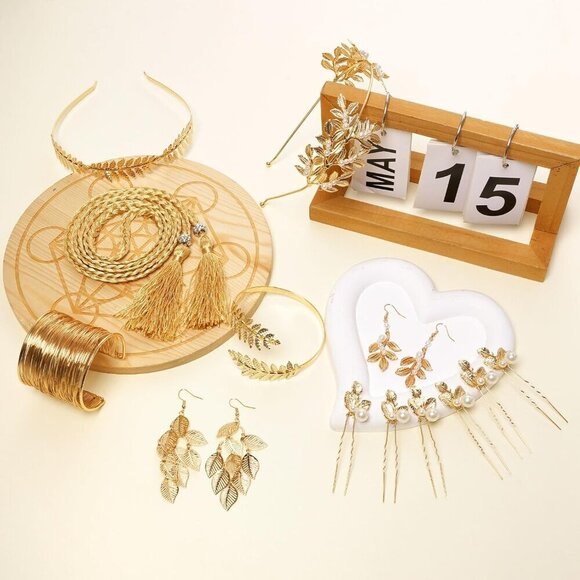Greek Goddess Costume Jewelry Set Gold Laurel Leaf Crown Earrings Necklace main image 6